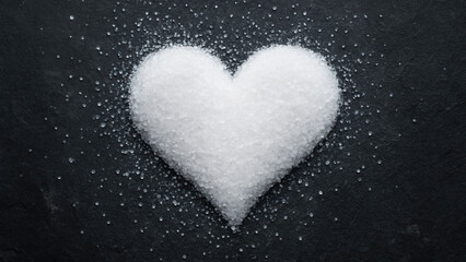 Heart shape made of erythritol sugar sits on dark surface, symbolizing love for healthier sweeteners and balanced lifestyle