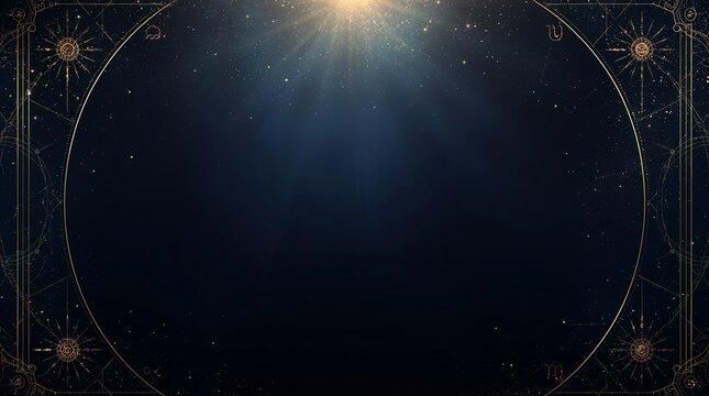Luxury zodiac background with golden astrology frame, starry night sky design, cosmic celestial template with shining stars and mystical decorative border for invitation, card, poster or presentation