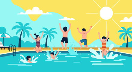 Joyful Family Having Summer Fun Splashing in Swimming Pool at Resort