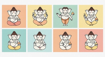 Fototapeta premium Flat design icon set of Lord Ganesha in multiple minimal poses and expressions, clean vector lines, pastel color background, perfect for mobile apps, UI/UX, icon packs.