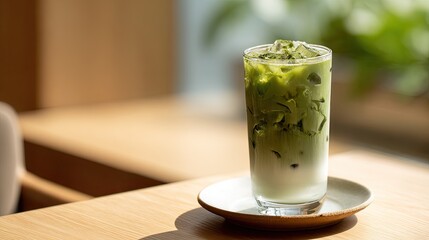 Refreshing Iced Green Tea Drink in Glass on Wooden Table, Bathed in Sunlight. A Cool and Creamy Beverage Perfect for a Summer Afternoon in a Cafe