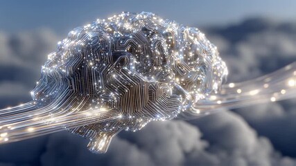 Electronic brain made of circuits and wires representing artificial intelligence processing data and connecting to cloud computing network with glowing lights - Powered by Adobe