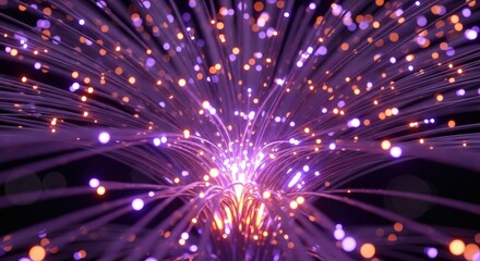 Naklejka premium Abstract glowing purple and orange bokeh lights emanating from a central energy source creating a vibrant cosmic explosion effect suitable for technology and science themes