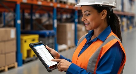 Woman worker wearing hard hat and safety vest using tablet in warehouse logistics operations and inventory management technology application