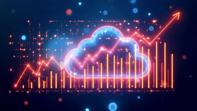 Digital cloud computing concept with data analytics, rising graph, and glowing particles in background - Powered by Adobe