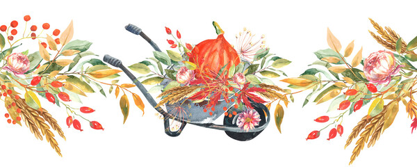 Wheelbarrow with pumpkin. Dahlia fall floral watercolor clipart. Autumn summer pink flowers. Digital paper print. Hand draw illustration