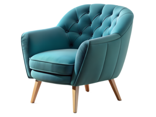 3d illustration of elegant teal velvet armchair with button tufting and wooden legs, isolated on transparent background