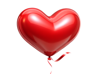 3d illustration of a single, shiny red heartshaped balloon with a ribbon, isolated on a transparent background, representing love and celebration