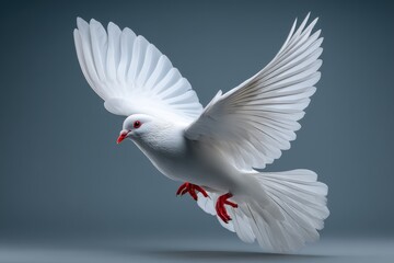 Fototapeta premium Majestic white dove soars gracefully against a tranquil backdrop, embodying peace and freedom in flight