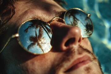 A young man wearing round sunglasses reflecting palm trees is lounging by the pool