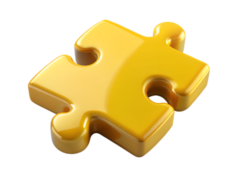 3d illustration of a single, glossy yellow jigsaw puzzle piece with interlocking edges, isolated on a transparent background