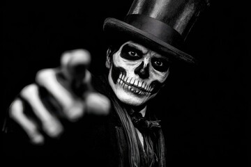Sinister figure in skeleton face paint and top hat staring menacingly at the camera Voodoo themes Baron Samedi Halloween party setting Dark backdrop Monochrome image