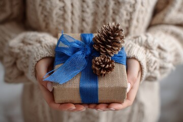 Woman with a gift in a boxed package tied with a blue ribbon surrounded by attractive pine cones on burlap