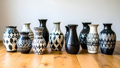 Black and white patterned vases on wooden floor