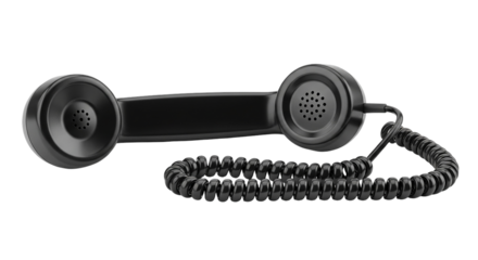 A black telephone receiver with a coiled cord resting in a studio setting