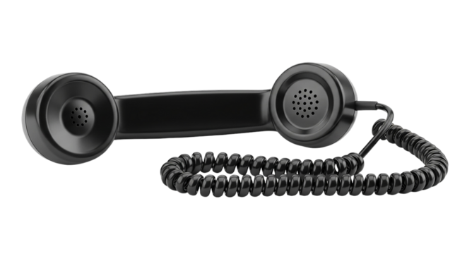 A black telephone receiver with a coiled cord resting in a studio setting