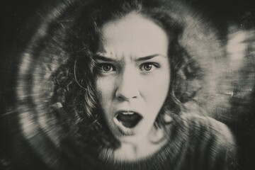 A vintage black and white portrait of a girl with mental issues and a split personality featuring grain and motion blur