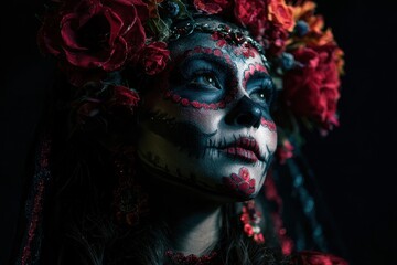 Santa Muerte figure adorned with body art and makeup resembling La Catrina celebrating Mexican traditions with skull paint and floral crown during Día de los Muertos