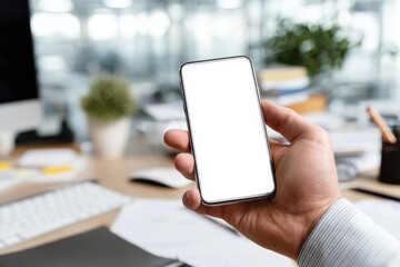 Close up of a businessman at a desk using a mobile phone in an office with a white background