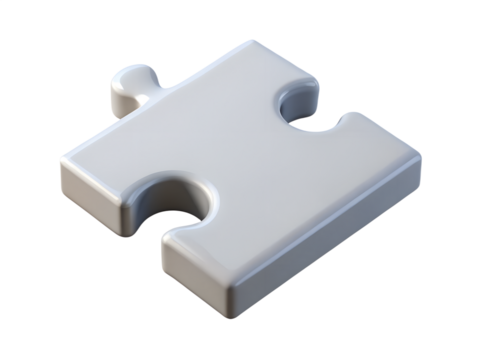 3d illustration of a single grey jigsaw puzzle piece, isolated on a transparent background, representing a key element in solving problems and achieving goals