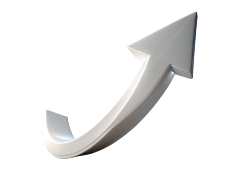 3d illustration of silver arrow pointing upwards, symbolizing growth, success, and positive progress in business and finance, isolated on transparent background