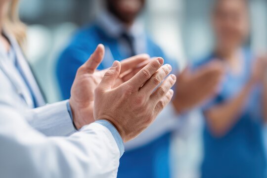 Closeup of healthcare workers celebrating success with a handshake during a hospital meeting
