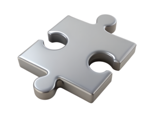 3d illustration of a single, shiny silver puzzle piece with interlocking tabs, isolated on a transparent background, symbolizing connection and solutions