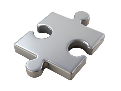 3d illustration of a single, shiny silver puzzle piece with interlocking tabs, isolated on a transparent background, symbolizing connection and solutions