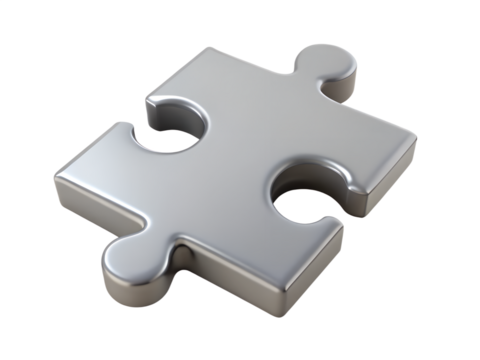 3d illustration of a single, shiny silver puzzle piece with interlocking tabs, isolated on a transparent background, symbolizing connection and solutions