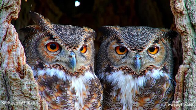 Two great horned owls perched inside a tree hollow, observing with intense focus.