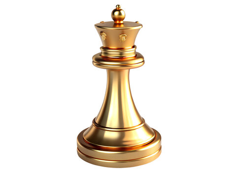 3d illustration of a gleaming golden chess queen piece, symbolizing strategy, leadership, and victory, isolated on a transparent background