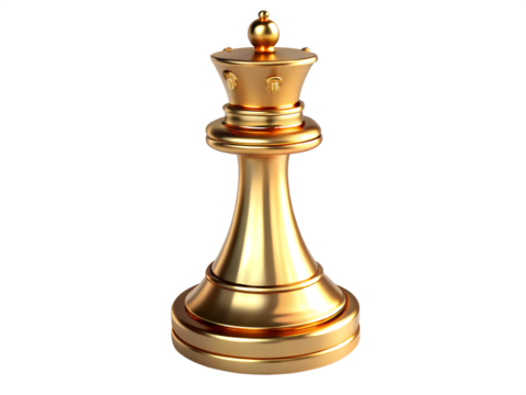 3d illustration of a gleaming golden chess queen piece, symbolizing strategy, leadership, and victory, isolated on a transparent background