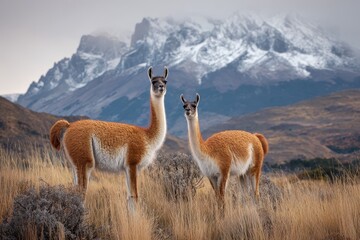 Wild llamas from Patagonia in Torres del Paine Chile