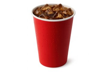 Refreshing soda with ice in red disposable cup on transparent background