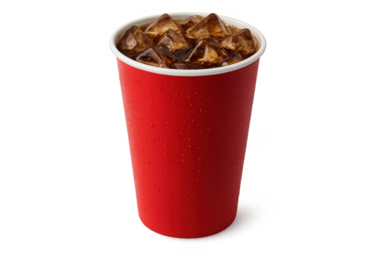 Refreshing soda with ice in red disposable cup on transparent background