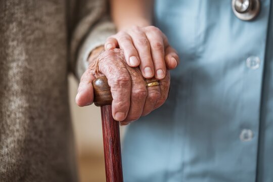 Close up of a woman doctor and an elderly man s hands grasping a cane in a nursing facility