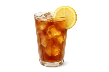 Refreshing iced tea with lemon slice and ice cubes on transparent background