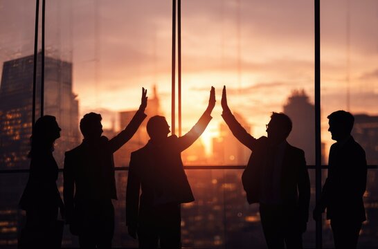 A group of professionals stands silhouetted against a vibrant sunset, celebrating teamwork by giving high fives. This moment reflects unity and shared achievement in a corporate environment