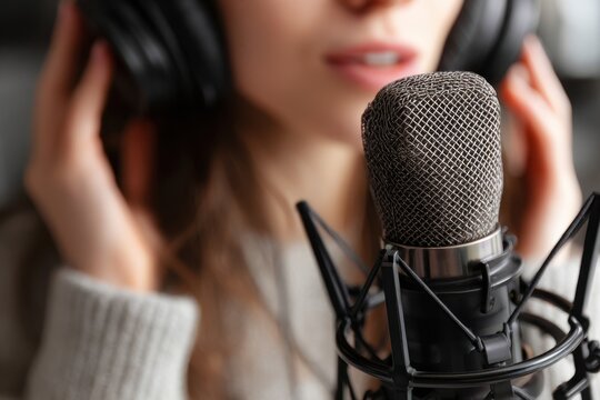 Woman with microphone and headphones recording a podcast in a studio