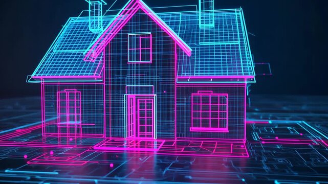 Cyber Technology House with Blue and Pink Neon Glow