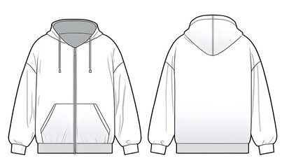 Zip-Up Hoodie fashion flat technical drawing template. Zip-Up Hoodie technical fashion illustration. front and back view. oversized. drop shoulder. unisex. white color. CAD mockup.