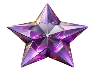 3d illustration of a shimmering purple fivepointed star made of crystal or glass, with intricate facets reflecting light, isolated on a transparent background