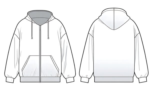 Zip-Up Hoodie fashion flat technical drawing template. Zip-Up Hoodie technical fashion illustration. front and back view. oversized. drop shoulder. unisex. white color. CAD mockup.