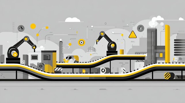 Factory Automation With Robots On Conveyor System Illustration