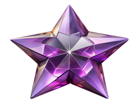 3d illustration of a shimmering purple fivepointed star made of crystal or glass, with intricate facets reflecting light, isolated on a transparent background