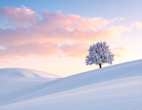 Solitary snow-covered tree on a gently rolling snow-covered hill at sunrise with pastel colored clouds