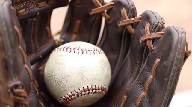 Close-up shot of a baseball nestled inside a well-worn, brown leather baseball glove, ready for play.