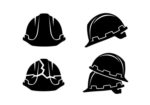 Four construction helmets showing different views and conditions in a graphic representation