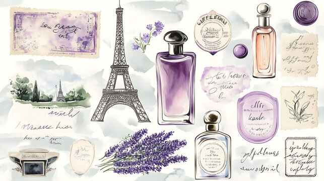 Digital sticker set "French village" Watercolor lavender bouquets, vintage postage stamps, Eiffel Tower silhouette, perfume bottles, cafe elements, handwritten French phrases.