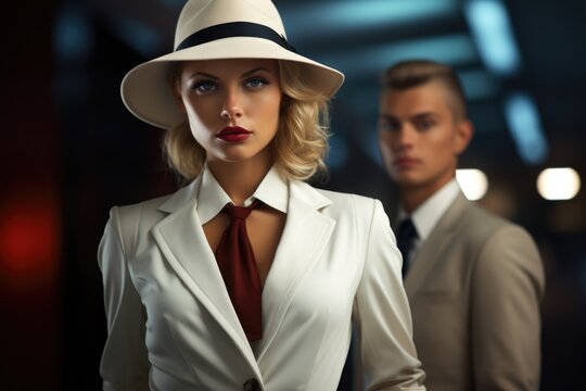 A couple showcases their retro fashion sense. The woman wears a white suit with a fedora and a contrasting tie, while the man dons a beige suit